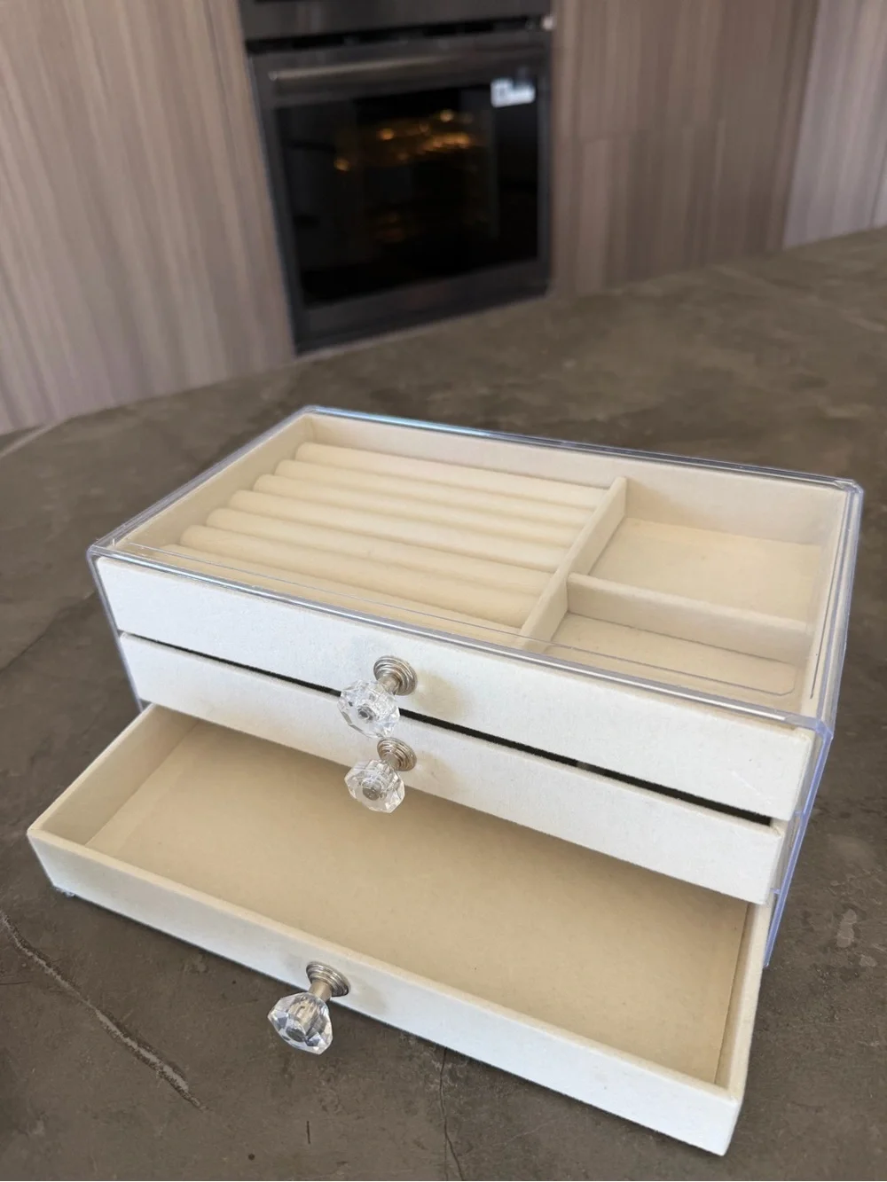 Beige Velvet Jewelry Organizer with Clear Lid